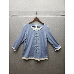 Alfred Dunner Womens Blue Embroidered Top With Lace Trim & 3/4 Sleeves Size M Co